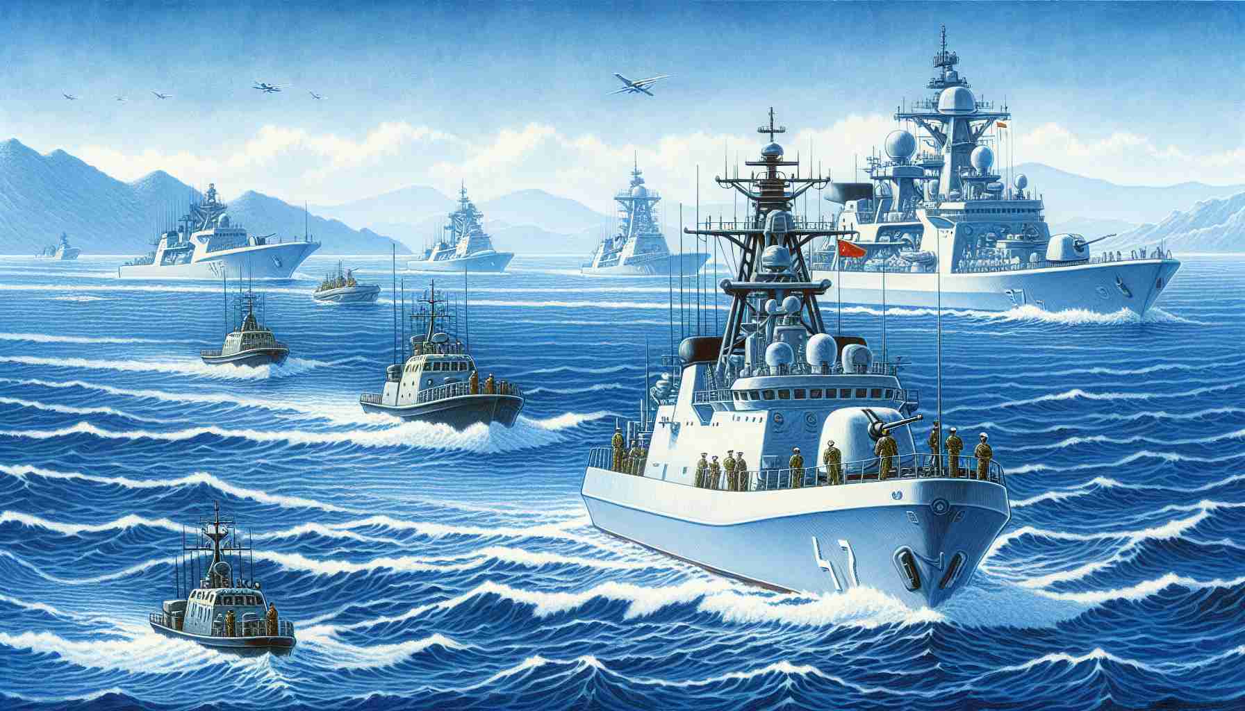 Illustration of a Chinese naval scene, focusing on the operation of various types of warships and naval technology in the South China Sea. The vessels should be modern and clearly exhibit signs of active duty, perhaps engaging in exercises or patrol routes. The surrounding water should be vast and deep blue, reflective of the expanse of the South China Sea. Ensure the image is realistic and in high definition, capturing the tense atmosphere of ongoing naval operations.