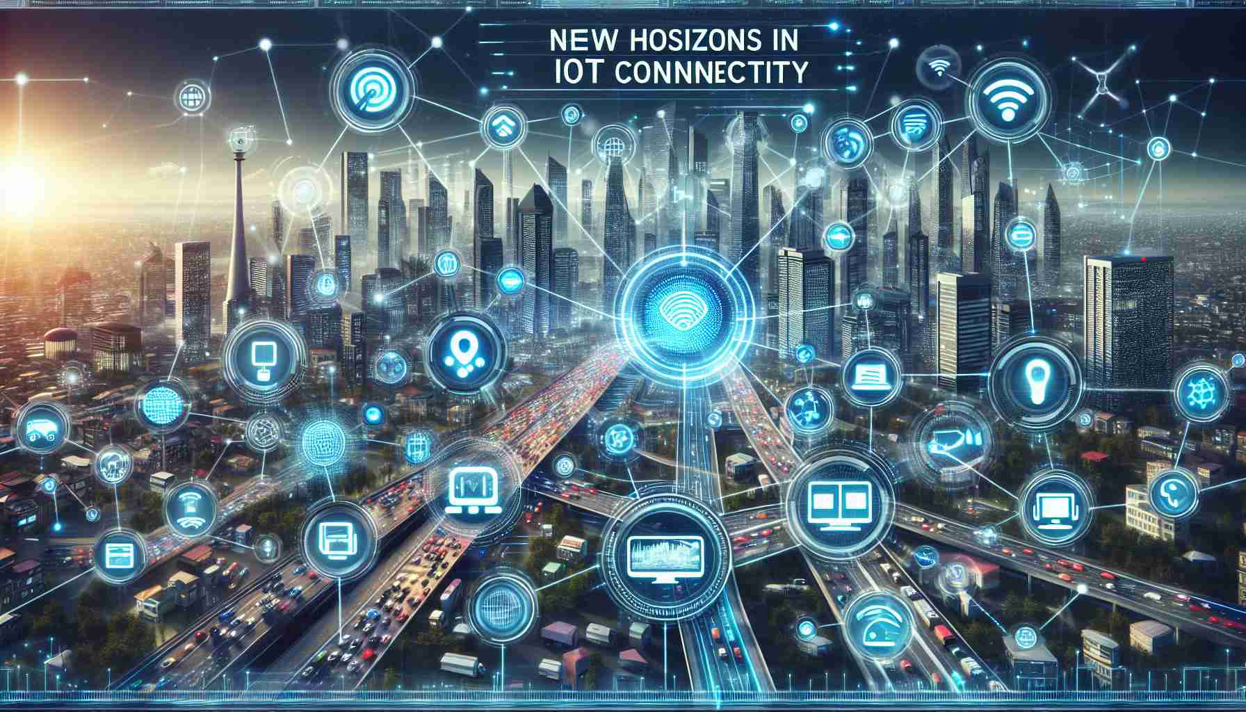 Generate a realistic, high-definition image that illustrates 'New Horizons in IoT Connectivity'. This should represent a future scenario where various Internet of Things devices are interconnected in innovative ways. This image could include devices like smart appliances, wearables, sensors, and vehicles, all communicating with each other in a seamless and efficient manner, using advanced networks. These IoT devices might be spread across a city landscape, showcasing the technology's wide-ranging application. The background might also show a futuristic city for added context.