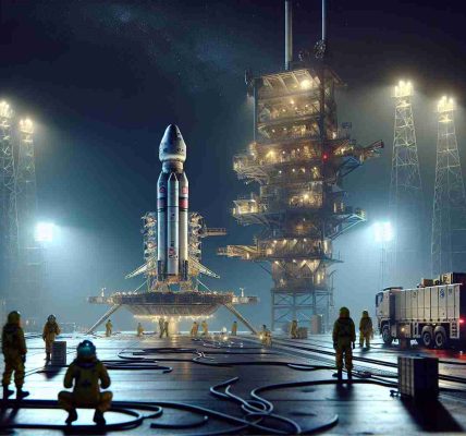 Create a realistic and high-definition image portraying the readying of a Starlink mission for another launch. The scene should include a spacecraft placed on a launch pad, with technicians in safety suits working on the final preparations. The night sky forms the backdrop, adding to the anticipation, while the ground equipment around the spacecraft hums with activity.