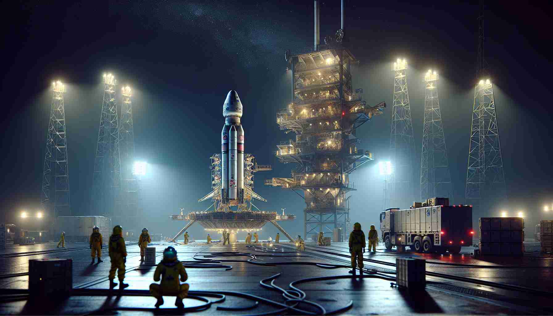 Create a realistic and high-definition image portraying the readying of a Starlink mission for another launch. The scene should include a spacecraft placed on a launch pad, with technicians in safety suits working on the final preparations. The night sky forms the backdrop, adding to the anticipation, while the ground equipment around the spacecraft hums with activity.