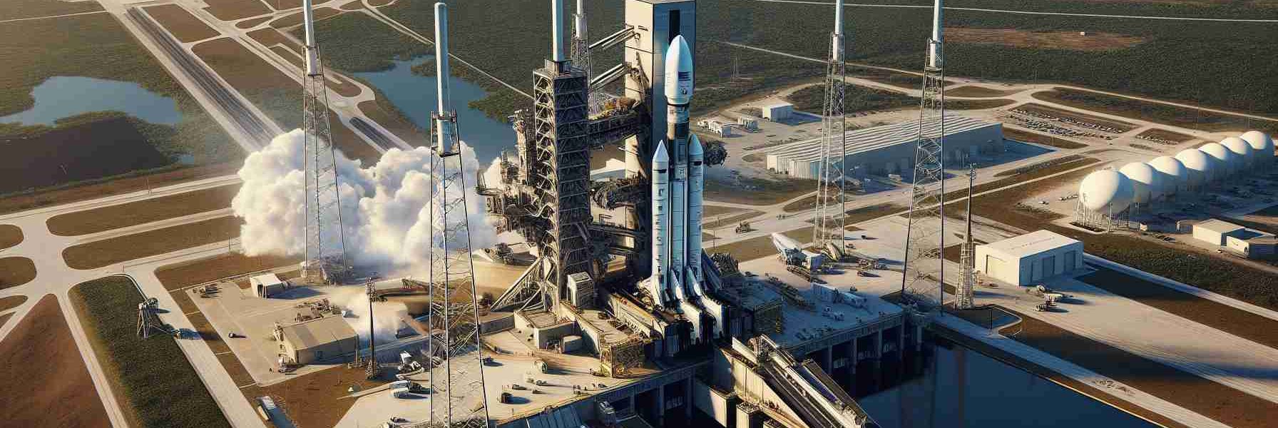 High-definition, ultra-realistic image of a commercial space company's launchpad located in Florida, minutes before the launch of a communications satellite owned by an international telecommunications company. Visible in the image is the sleek, towering rocket just moments away from blasting off into the skies, carrying the company's satellite; the launchpad bustling with activity as engineers make final checks, and the clear, sunny skies of Florida providing the perfect setting.