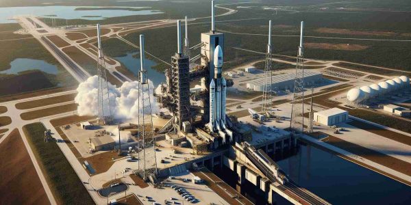 High-definition, ultra-realistic image of a commercial space company's launchpad located in Florida, minutes before the launch of a communications satellite owned by an international telecommunications company. Visible in the image is the sleek, towering rocket just moments away from blasting off into the skies, carrying the company's satellite; the launchpad bustling with activity as engineers make final checks, and the clear, sunny skies of Florida providing the perfect setting.