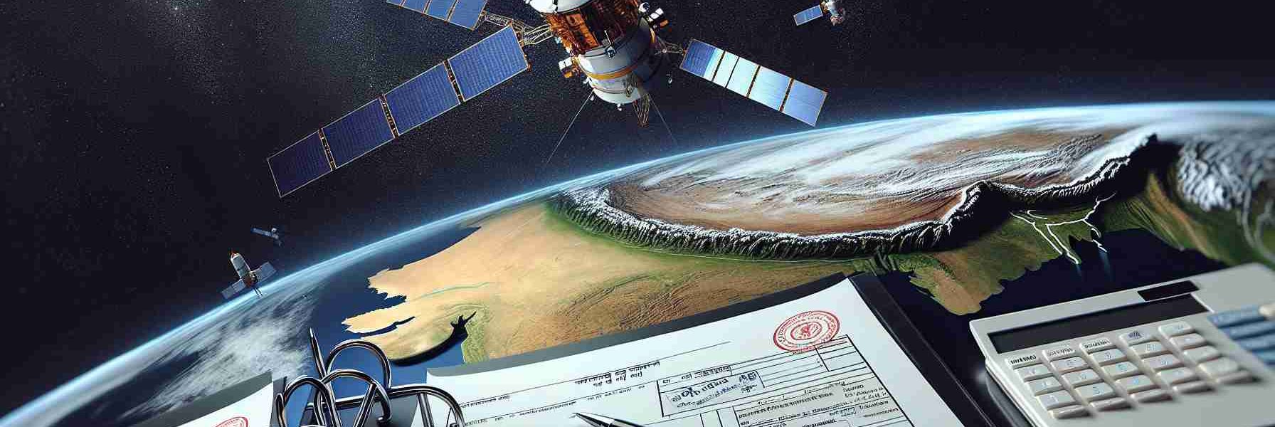 Realistically detailed high definition image of an illustrative scenario where a private space company is seeking the necessary permissions to provide satellite internet services in the country of India. The image depicts a series of advanced and sleek looking satellites in the orbit above Earth, with India clearly visible on the planet's surface. It also shows paperwork with official stamps implying the bureaucratic process involved.