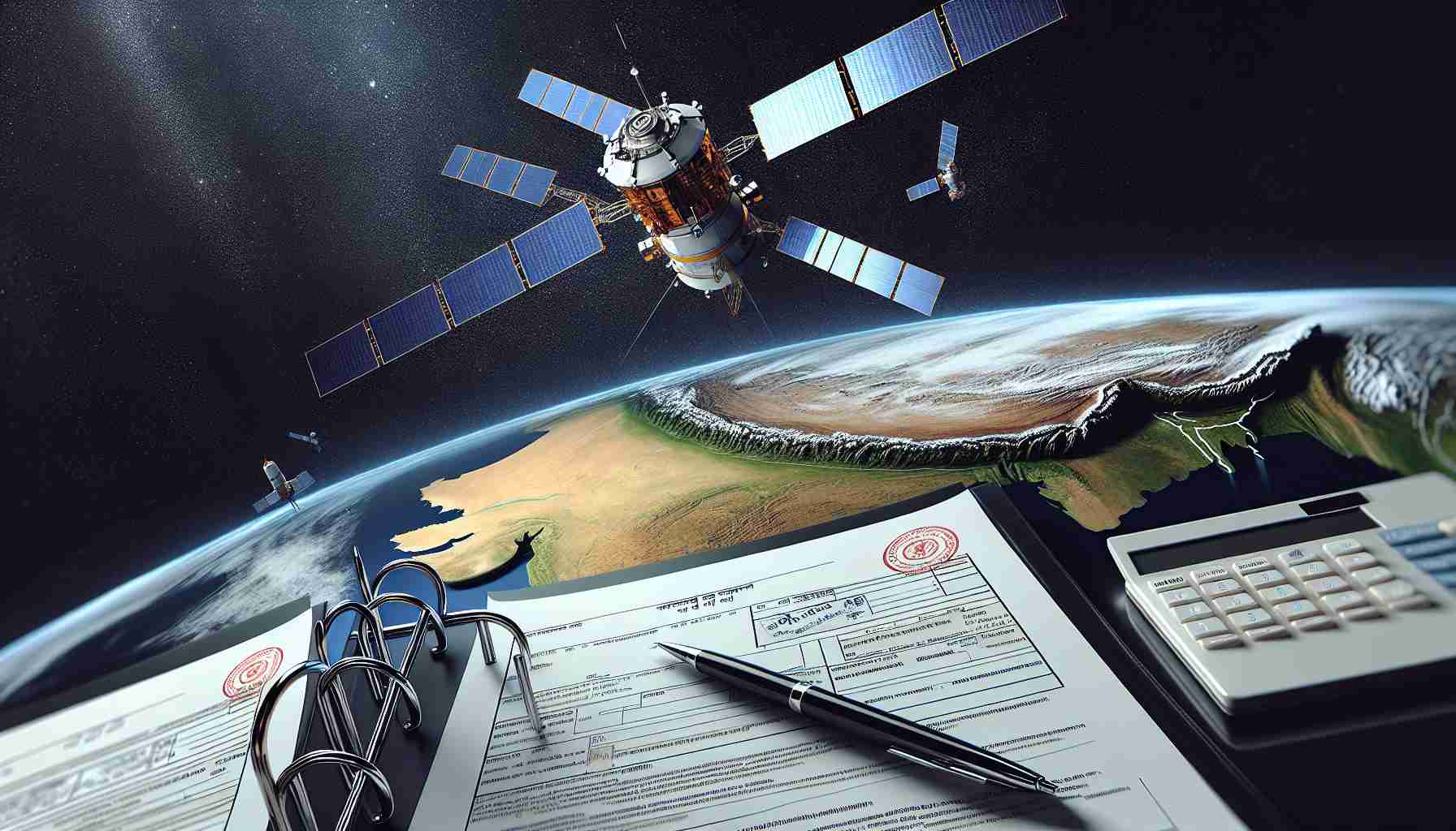 Realistically detailed high definition image of an illustrative scenario where a private space company is seeking the necessary permissions to provide satellite internet services in the country of India. The image depicts a series of advanced and sleek looking satellites in the orbit above Earth, with India clearly visible on the planet's surface. It also shows paperwork with official stamps implying the bureaucratic process involved.