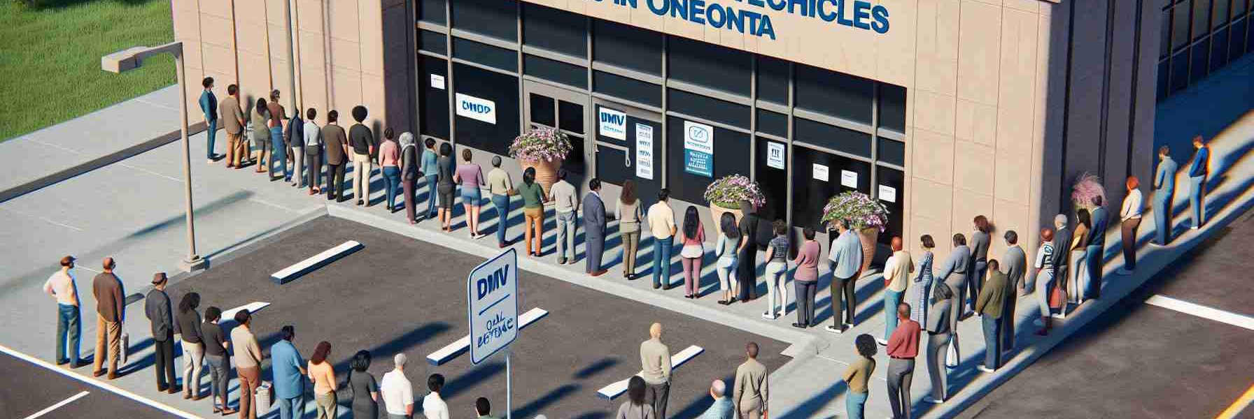 High-definition, realistic image of the reopening of Department of Motor Vehicles (DMV) services in Oneonta. The picture should feature the DMV building, an outdoor setting with the signboard indicating it's a DMV facility. It would have some people waiting in line maintaining social distance norms. Multiple individuals waiting should show a diverse range of descent, such as Black, White, Hispanic, South Asian, and Middle-Eastern and representation across genders, men and women.