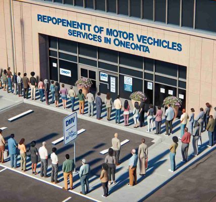 High-definition, realistic image of the reopening of Department of Motor Vehicles (DMV) services in Oneonta. The picture should feature the DMV building, an outdoor setting with the signboard indicating it's a DMV facility. It would have some people waiting in line maintaining social distance norms. Multiple individuals waiting should show a diverse range of descent, such as Black, White, Hispanic, South Asian, and Middle-Eastern and representation across genders, men and women.