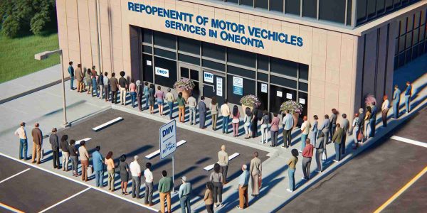 High-definition, realistic image of the reopening of Department of Motor Vehicles (DMV) services in Oneonta. The picture should feature the DMV building, an outdoor setting with the signboard indicating it's a DMV facility. It would have some people waiting in line maintaining social distance norms. Multiple individuals waiting should show a diverse range of descent, such as Black, White, Hispanic, South Asian, and Middle-Eastern and representation across genders, men and women.