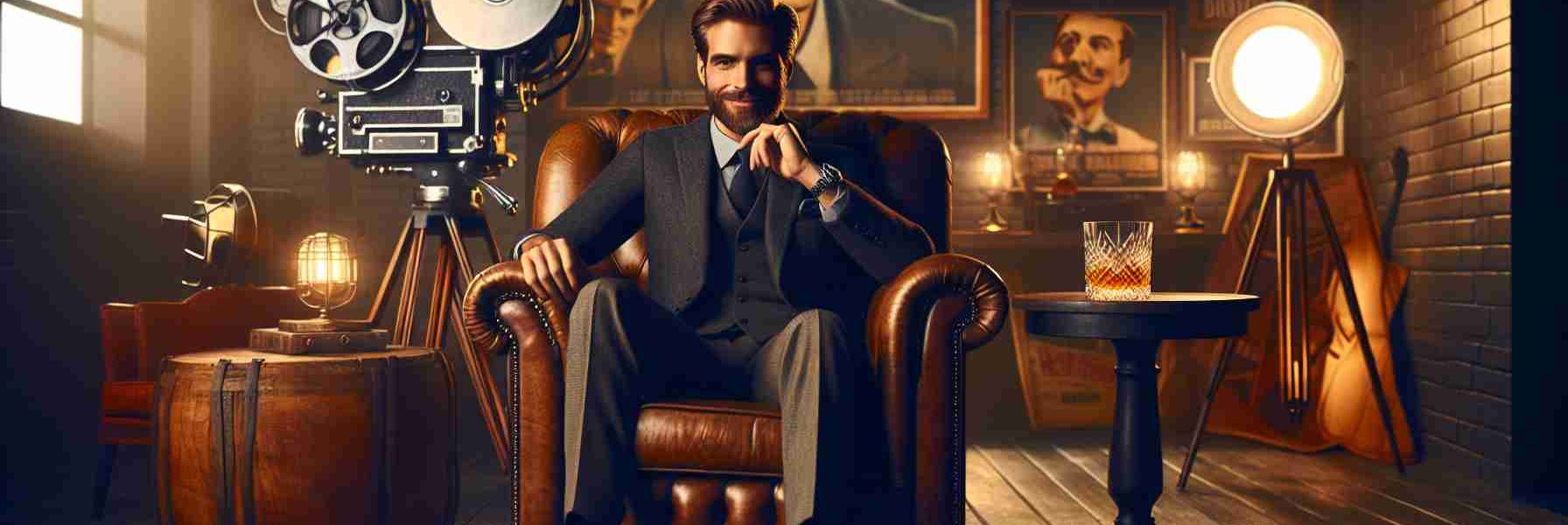 Realistic HD photo of an evening spent with a prominent individual from the film industry, distinct with their confident posture and charismatic smile whilst sitting comfortably in a luxurious leather armchair. The room adorned with various elements of vintage cinema, including a classic film projector casting a warm glow, vintage movie posters adorning the walls, others reflecting light softly, and a circular table beside the chair holding a glass of bourbon and a vintage microphone.