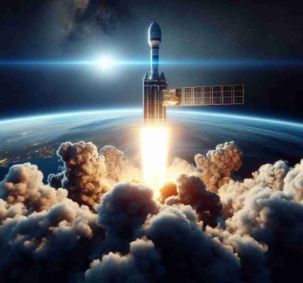 High definition, realistic image of a generic corporation launching a new satellite into space. The purpose of this satellite is to facilitate better communication channels for the military. Include the sight of the satellite departing the Earth's surface, surrounded by clouds of smoke from the powerful engines, with the vivid flare from the rocket's propulsion system illuminating the scene. The blue expanse of our planet and the black void of outer space serve as breathtaking backdrops.