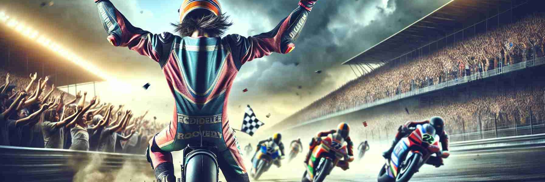 A realistic HD image of a privately unidentified but highly skilled motorcycle rider, celebrating their championship glory. This individual is exuding exhilaration and victory, dressed in full professional racing gear, with the background of a racing circuit, filled with cheering spectators. Clouds of dust kicked off by the speeding vehicles can be seen in the backdrop, emphasizing the euphoria of a hard-fought win. The color palette of this scene predominately involves the high-contrast of vibrant racing suits against the muted tones of the tarmac and dust.