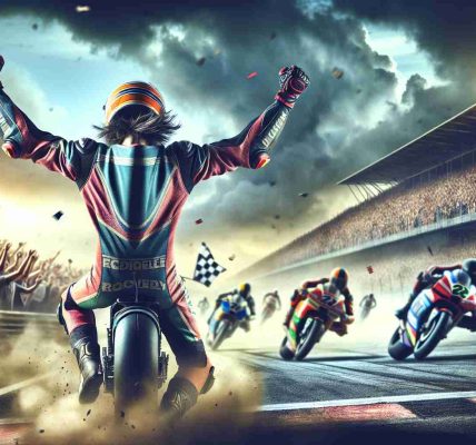 A realistic HD image of a privately unidentified but highly skilled motorcycle rider, celebrating their championship glory. This individual is exuding exhilaration and victory, dressed in full professional racing gear, with the background of a racing circuit, filled with cheering spectators. Clouds of dust kicked off by the speeding vehicles can be seen in the backdrop, emphasizing the euphoria of a hard-fought win. The color palette of this scene predominately involves the high-contrast of vibrant racing suits against the muted tones of the tarmac and dust.