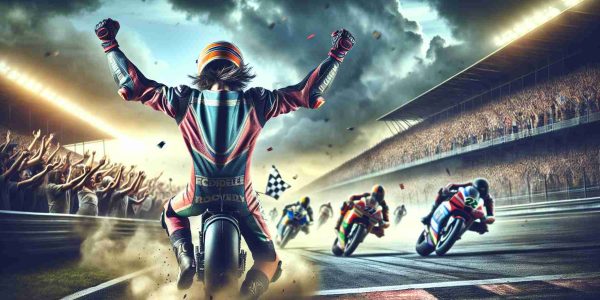 A realistic HD image of a privately unidentified but highly skilled motorcycle rider, celebrating their championship glory. This individual is exuding exhilaration and victory, dressed in full professional racing gear, with the background of a racing circuit, filled with cheering spectators. Clouds of dust kicked off by the speeding vehicles can be seen in the backdrop, emphasizing the euphoria of a hard-fought win. The color palette of this scene predominately involves the high-contrast of vibrant racing suits against the muted tones of the tarmac and dust.