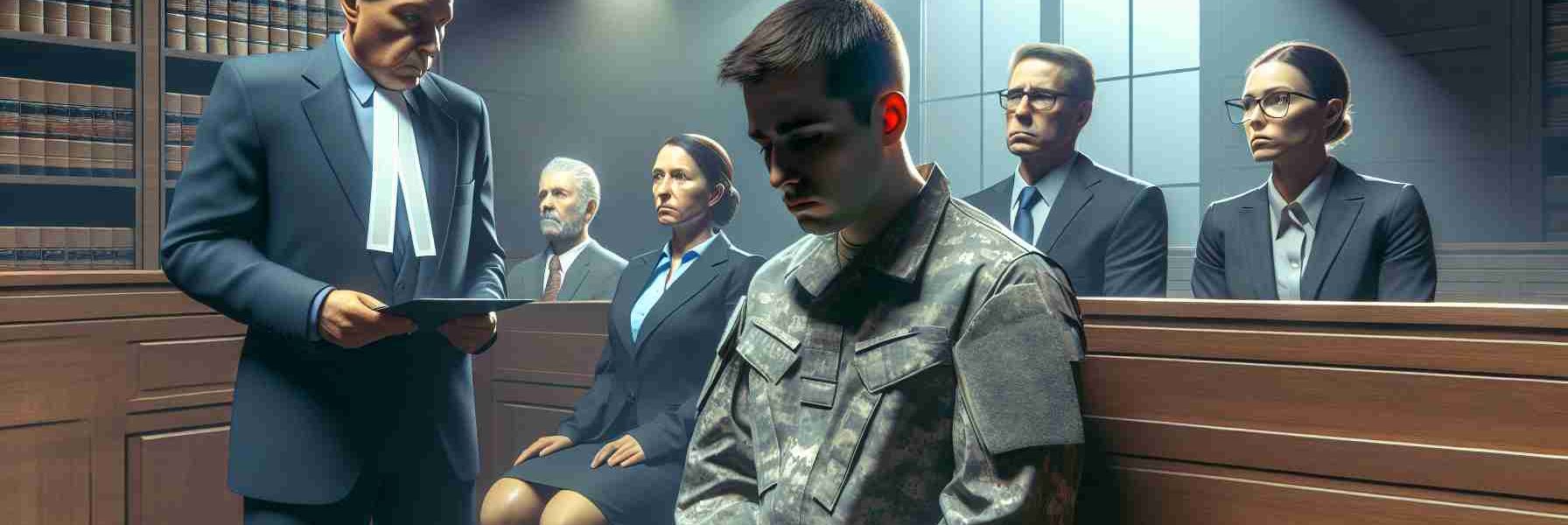 A realistic high-definition image illustrating a dramatic event where someone associated with the military is facing sentencing for leaking major intelligence information. The scene takes place in a courtroom, with a judge, defense lawyer, and prosecuting lawyer all present. The military person has a somber expression. Everyone in the room reflects a sense of gravity appropriate for the situation.