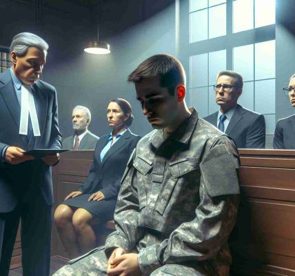 A realistic high-definition image illustrating a dramatic event where someone associated with the military is facing sentencing for leaking major intelligence information. The scene takes place in a courtroom, with a judge, defense lawyer, and prosecuting lawyer all present. The military person has a somber expression. Everyone in the room reflects a sense of gravity appropriate for the situation.