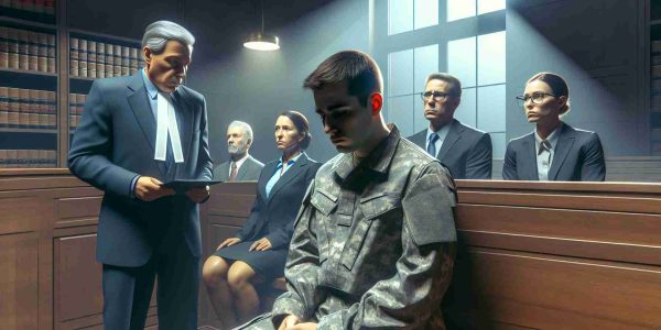 A realistic high-definition image illustrating a dramatic event where someone associated with the military is facing sentencing for leaking major intelligence information. The scene takes place in a courtroom, with a judge, defense lawyer, and prosecuting lawyer all present. The military person has a somber expression. Everyone in the room reflects a sense of gravity appropriate for the situation.