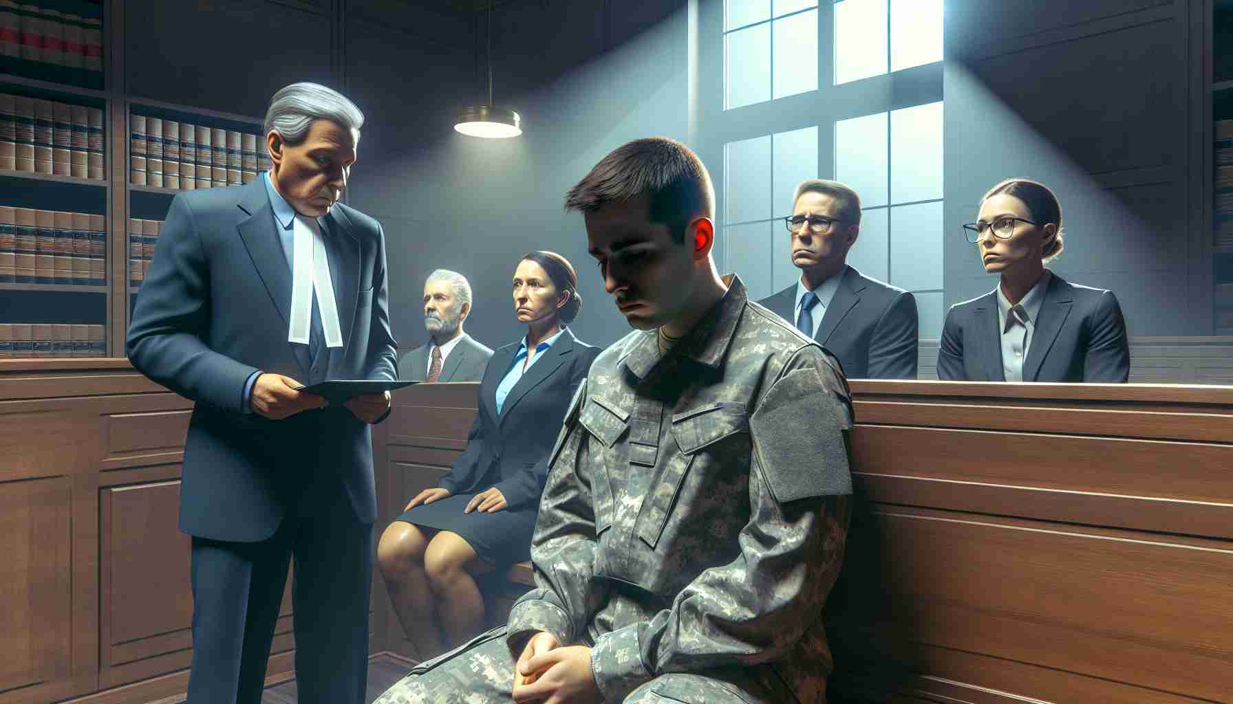 A realistic high-definition image illustrating a dramatic event where someone associated with the military is facing sentencing for leaking major intelligence information. The scene takes place in a courtroom, with a judge, defense lawyer, and prosecuting lawyer all present. The military person has a somber expression. Everyone in the room reflects a sense of gravity appropriate for the situation.