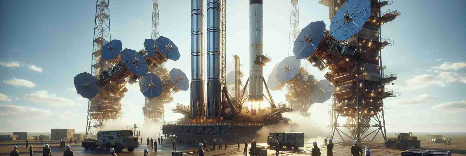 Realistic, high-definition image depicting the scene of a contemporary aerospace company preparing to launch 20 new satellites. The launch is happening under a clear, blue day sky. There is a sense of intense activity with ground crew members, both male and female, of Caucasian, Hispanic, Middle-Eastern, and South Asian descents, working diligently in their respective roles. The primary focus is on these satellites, designed for the purpose of enhancing global Internet connectivity. Each satellite exhibits a distinct metallic gleam. A large launch vehicle stands tall and ready on the launch pad, and the anticipation of the forthcoming launch is palpable.