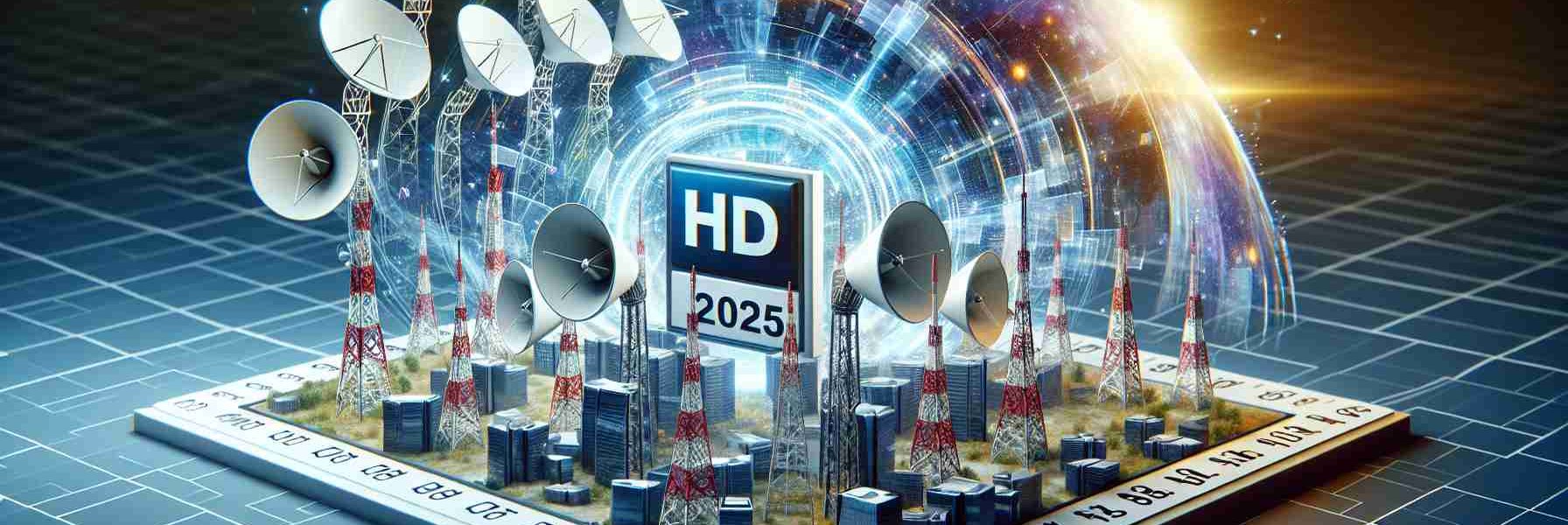 Realistic high-definition image representing the transition of the ARD Channels to HD Broadcasting in 2025. This could be depicted by showcasing broadcasting towers emitting stronger, clearer signals, a symbolic HD logo demonstrating the upgrade in quality and perhaps an abstract calendar page signifying the year 2025.