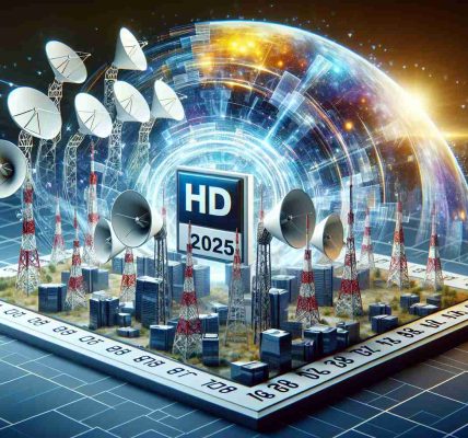 Realistic high-definition image representing the transition of the ARD Channels to HD Broadcasting in 2025. This could be depicted by showcasing broadcasting towers emitting stronger, clearer signals, a symbolic HD logo demonstrating the upgrade in quality and perhaps an abstract calendar page signifying the year 2025.