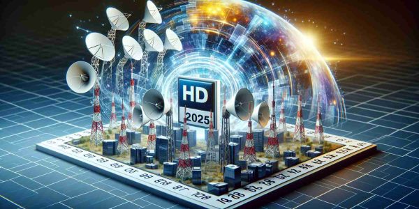 Realistic high-definition image representing the transition of the ARD Channels to HD Broadcasting in 2025. This could be depicted by showcasing broadcasting towers emitting stronger, clearer signals, a symbolic HD logo demonstrating the upgrade in quality and perhaps an abstract calendar page signifying the year 2025.