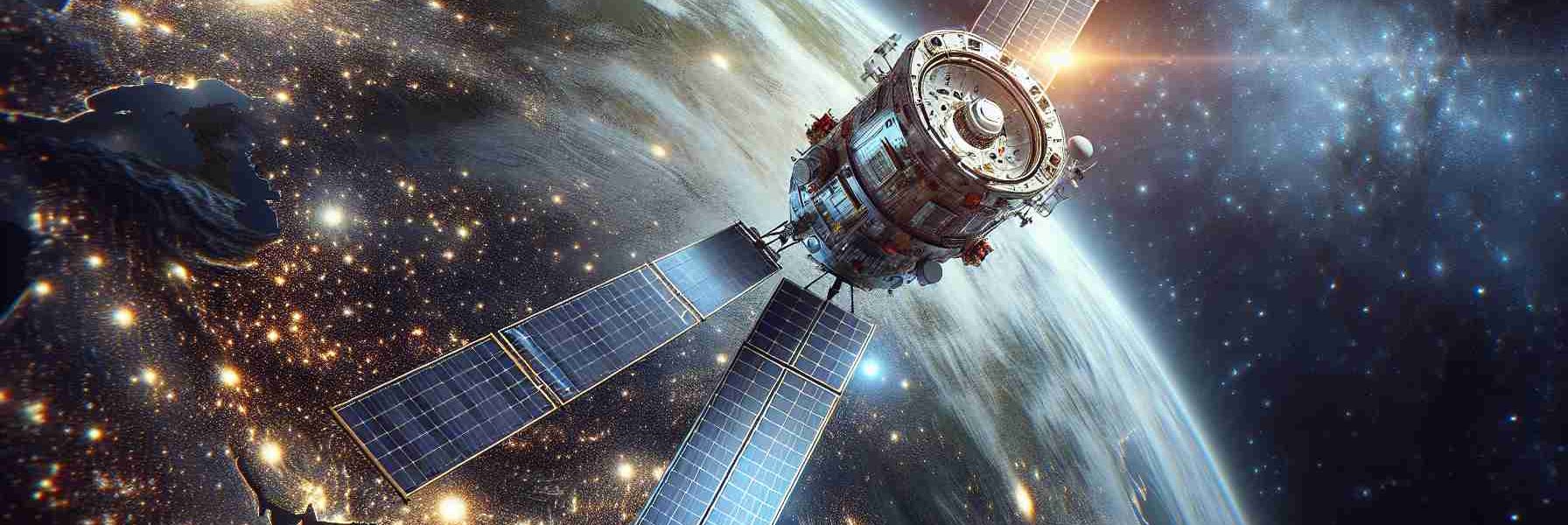 Realistic high-definition image of a new-age satellite, orbiting in the vast expanse of outer space. The satellite is equipped with advanced support features and is currently facilitating military operations. Specifically, it is over the geographical region of Ukraine, beaming down intricate streams of data. The backdrop of the scene is ablaze with countless stars and cosmic bodies, depicting the inherent beauty of the universe.