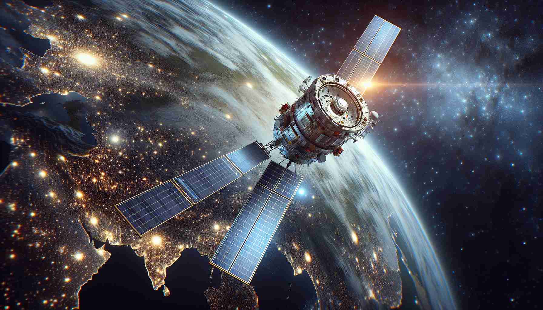 Realistic high-definition image of a new-age satellite, orbiting in the vast expanse of outer space. The satellite is equipped with advanced support features and is currently facilitating military operations. Specifically, it is over the geographical region of Ukraine, beaming down intricate streams of data. The backdrop of the scene is ablaze with countless stars and cosmic bodies, depicting the inherent beauty of the universe.