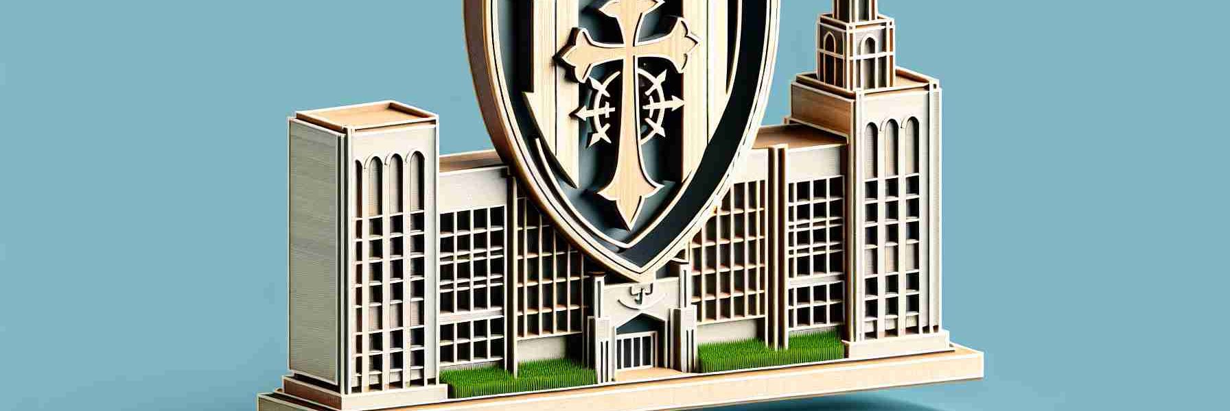 Generate a high-definition image showcasing the expansion of an educational institution, symbolized by a new building construction with the school emblem - a valiant cross, prominently displayed. This image should provide the idea of greater educational opportunities being made available through the institution's growth.