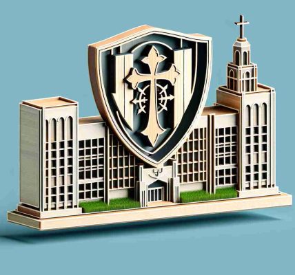 Generate a high-definition image showcasing the expansion of an educational institution, symbolized by a new building construction with the school emblem - a valiant cross, prominently displayed. This image should provide the idea of greater educational opportunities being made available through the institution's growth.