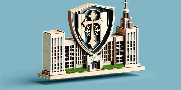 Generate a high-definition image showcasing the expansion of an educational institution, symbolized by a new building construction with the school emblem - a valiant cross, prominently displayed. This image should provide the idea of greater educational opportunities being made available through the institution's growth.