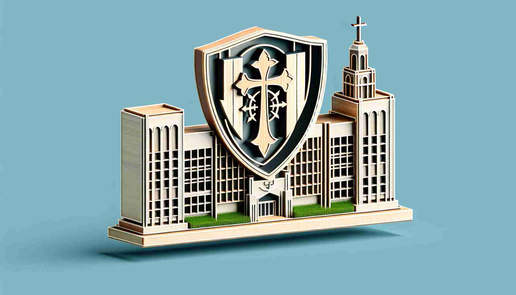 Generate a high-definition image showcasing the expansion of an educational institution, symbolized by a new building construction with the school emblem - a valiant cross, prominently displayed. This image should provide the idea of greater educational opportunities being made available through the institution's growth.