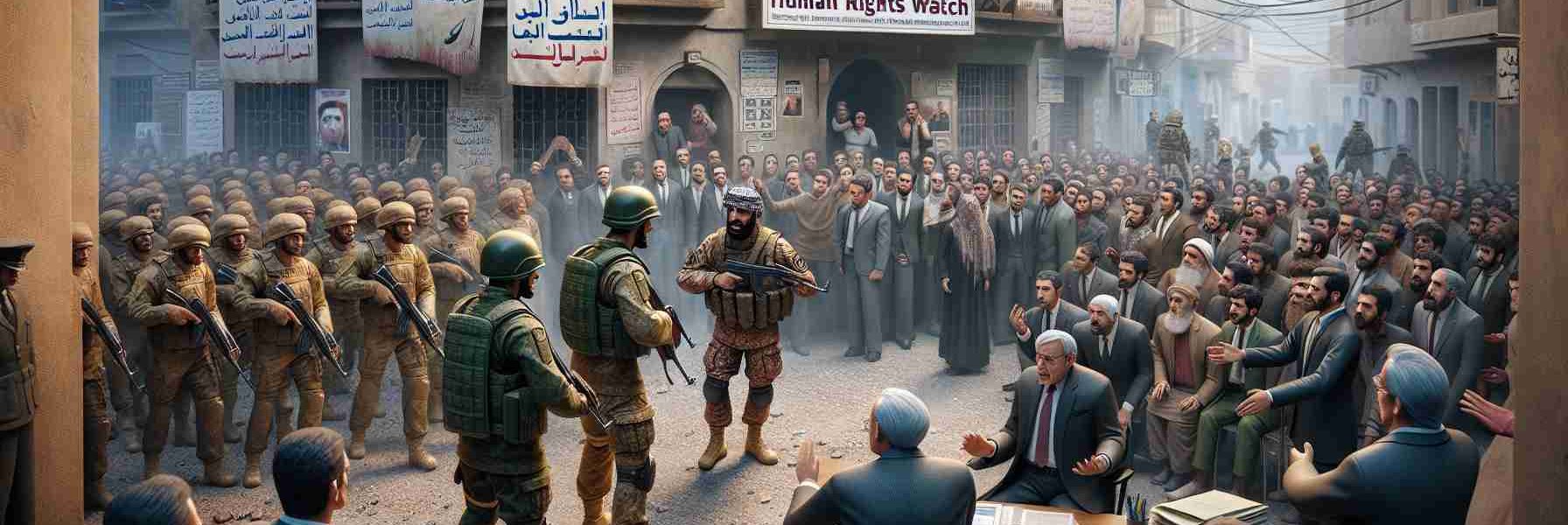 Realistic depiction of a hypothetical conflict scene with soldiers and civilians in an unidentified Middle-Eastern urban landscape. The air is heavy with tension as both sides face each other. In the foreground, a soldier and an average civilian, both appearing Middle-Eastern, are engaged in a heated conversation with onlooking crowd consisting of people from all age groups. Nearby, an office with a signboard reading 'Human Rights Watch' is packed with individuals scrutinizing documents, pointing at charts, and debating intensely over the situation. Keep the scene non-violent and cast a light on human rights concerns unfolding in the scene.