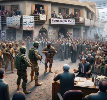 Realistic depiction of a hypothetical conflict scene with soldiers and civilians in an unidentified Middle-Eastern urban landscape. The air is heavy with tension as both sides face each other. In the foreground, a soldier and an average civilian, both appearing Middle-Eastern, are engaged in a heated conversation with onlooking crowd consisting of people from all age groups. Nearby, an office with a signboard reading 'Human Rights Watch' is packed with individuals scrutinizing documents, pointing at charts, and debating intensely over the situation. Keep the scene non-violent and cast a light on human rights concerns unfolding in the scene.