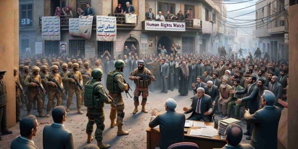 Realistic depiction of a hypothetical conflict scene with soldiers and civilians in an unidentified Middle-Eastern urban landscape. The air is heavy with tension as both sides face each other. In the foreground, a soldier and an average civilian, both appearing Middle-Eastern, are engaged in a heated conversation with onlooking crowd consisting of people from all age groups. Nearby, an office with a signboard reading 'Human Rights Watch' is packed with individuals scrutinizing documents, pointing at charts, and debating intensely over the situation. Keep the scene non-violent and cast a light on human rights concerns unfolding in the scene.