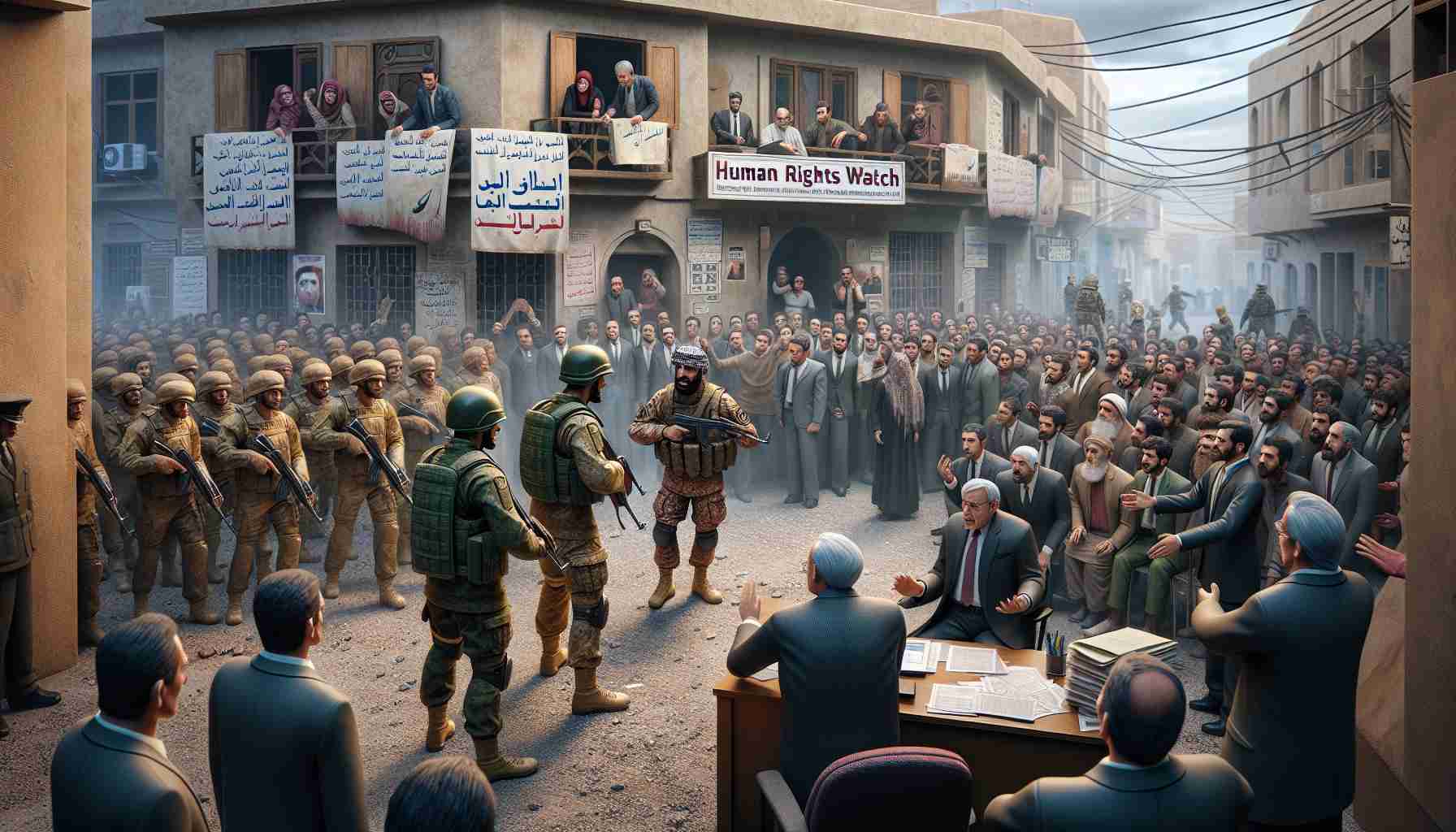 Realistic depiction of a hypothetical conflict scene with soldiers and civilians in an unidentified Middle-Eastern urban landscape. The air is heavy with tension as both sides face each other. In the foreground, a soldier and an average civilian, both appearing Middle-Eastern, are engaged in a heated conversation with onlooking crowd consisting of people from all age groups. Nearby, an office with a signboard reading 'Human Rights Watch' is packed with individuals scrutinizing documents, pointing at charts, and debating intensely over the situation. Keep the scene non-violent and cast a light on human rights concerns unfolding in the scene.