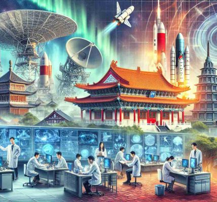 High definition image depicting the role of Taiwan in the global space technology sector. Show the contrast of the traditional architecture, like temples and red brick streets, with advanced technology pieces like satellite dishes, radars, scientists in the lab, and blueprints of rockets. A diverse group of scientists from different descents and genders, are busy at work demonstrating Taiwan's contribution to space research and technology. Skyscape displaying aurora borealis signifies the reach of their vast knowledge exchange with the global space community.