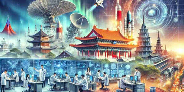 High definition image depicting the role of Taiwan in the global space technology sector. Show the contrast of the traditional architecture, like temples and red brick streets, with advanced technology pieces like satellite dishes, radars, scientists in the lab, and blueprints of rockets. A diverse group of scientists from different descents and genders, are busy at work demonstrating Taiwan's contribution to space research and technology. Skyscape displaying aurora borealis signifies the reach of their vast knowledge exchange with the global space community.