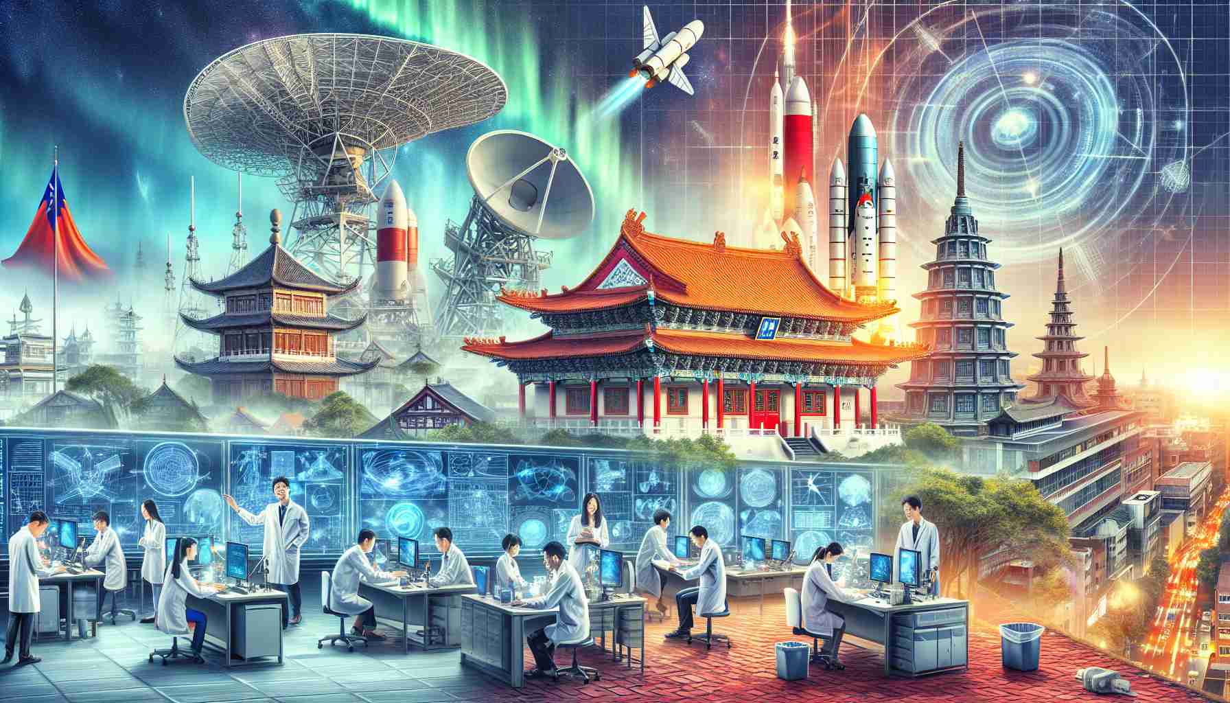 High definition image depicting the role of Taiwan in the global space technology sector. Show the contrast of the traditional architecture, like temples and red brick streets, with advanced technology pieces like satellite dishes, radars, scientists in the lab, and blueprints of rockets. A diverse group of scientists from different descents and genders, are busy at work demonstrating Taiwan's contribution to space research and technology. Skyscape displaying aurora borealis signifies the reach of their vast knowledge exchange with the global space community.