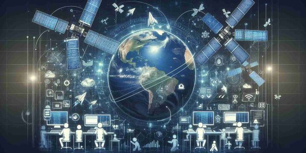 Illustrative concept showing the protection of satellites from cyber threats, seen as a global initiative. Depict a mix of technology elements like satellites orbiting the Earth, interfaces with binary code flowing, and icons suggesting cybersecurity measures. Overlay the entire scene with a stylized global map to symbolize the worldwide collaboration. People from various races and genders are seen working in this scenario, symbolizing the joint effort implied in such initiative. Ensure high-definition and realistic style.