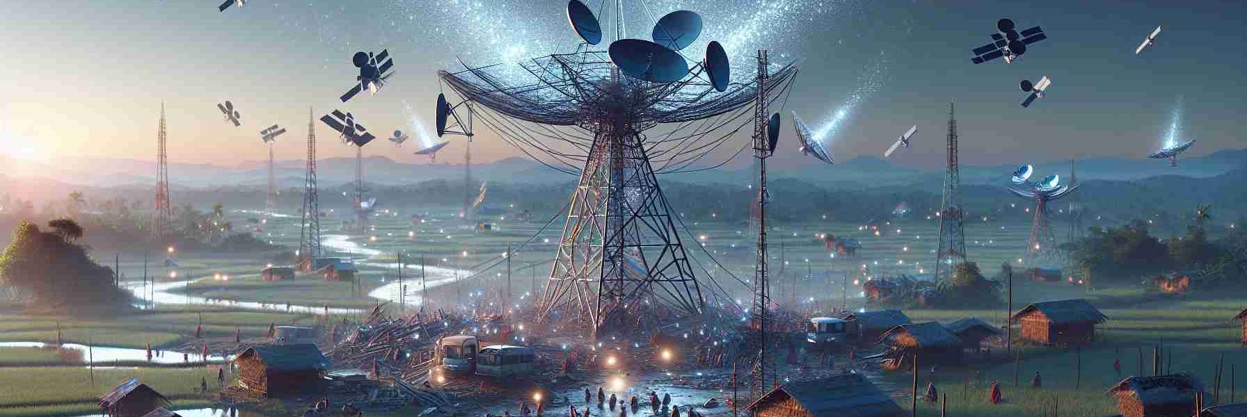 Realistic high-definition image of a satellite network, resembling Starlink, playing a crucial role in supporting communication in a crisis-affected landscape similar to Myanmar. The image shows the sky dotted with small satellites, their glow reflecting in the shards of a partially shattered communication tower on the ground. The surrounding landscape depicts a rural scene with huts and farm fields, showing signs of distress and turmoil, and people trying to stay connected through their devices under the satellite-lit sky.