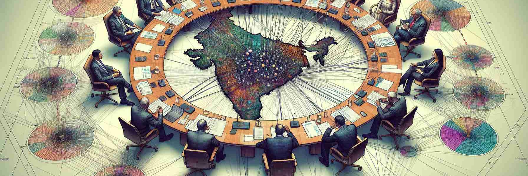 A high-definition, realistic representation of concerns regarding the allocation of satellite spectrum in India. This image portrays subtle elements: a group of officials sitting around a table, discussing maps and charts that illustrate the Indian subcontinent's satellite coverage areas. Include numerous overlapping circles indicating satellite coverage, with different colors representing different allocations. The people should represent a diversity of Indian demographics. Try to capture the tension in the room as they negotiate over limited resources.