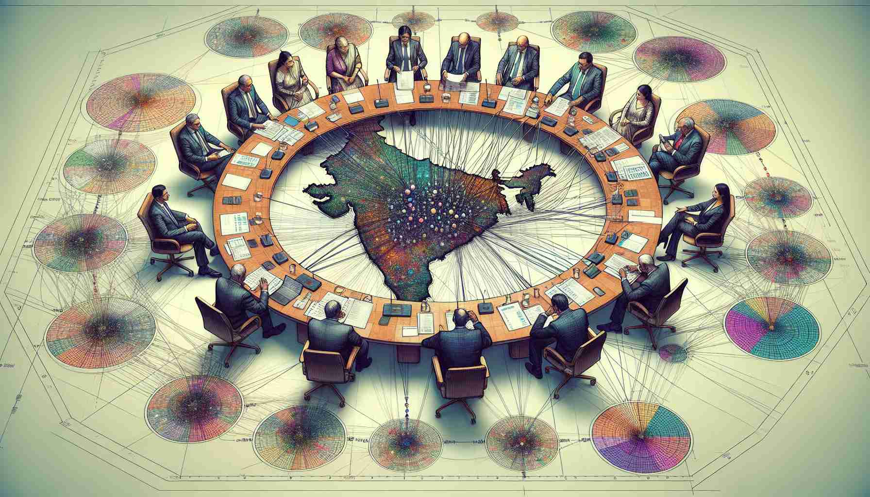 A high-definition, realistic representation of concerns regarding the allocation of satellite spectrum in India. This image portrays subtle elements: a group of officials sitting around a table, discussing maps and charts that illustrate the Indian subcontinent's satellite coverage areas. Include numerous overlapping circles indicating satellite coverage, with different colors representing different allocations. The people should represent a diversity of Indian demographics. Try to capture the tension in the room as they negotiate over limited resources.