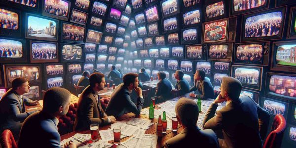 Generate a high-definition, realistic image that represents the concept of rising concerns over the pricing tactics of a generic TV service for pubs in the city of Galway, Ireland. The scene could depict a pub lined with wide screen televisions tuned in to various shows, with pub owners and customers anxiously discussing the pricing issues over a table with documents showing increased prices. The atmosphere should be one of concern and uncertainty.