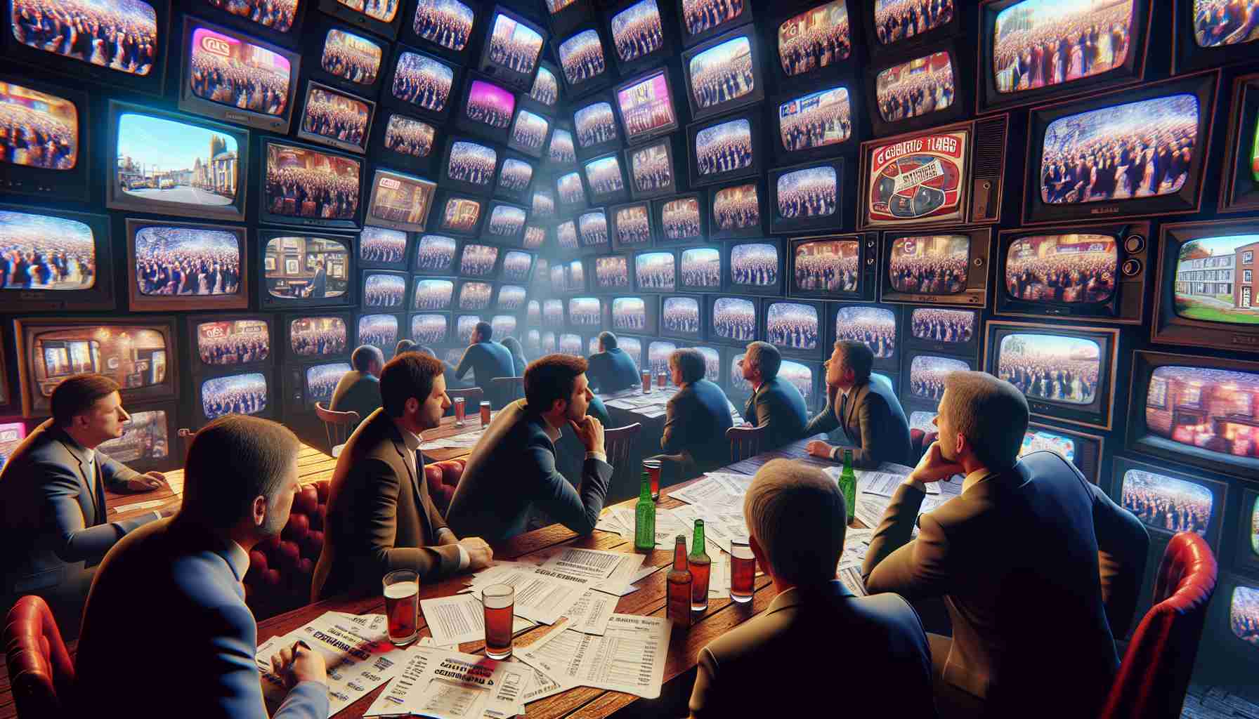 Generate a high-definition, realistic image that represents the concept of rising concerns over the pricing tactics of a generic TV service for pubs in the city of Galway, Ireland. The scene could depict a pub lined with wide screen televisions tuned in to various shows, with pub owners and customers anxiously discussing the pricing issues over a table with documents showing increased prices. The atmosphere should be one of concern and uncertainty.