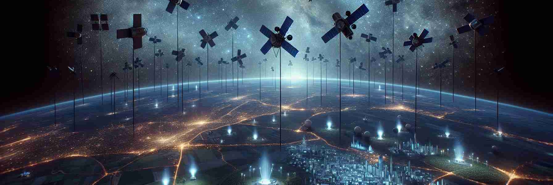 A high-definition realistic tableau showcasing the groundbreaking impact of a new satellite network on the satellite industry. Focus on an array of petite, silhouetted satellites against the backdrop of the cosmic vista. Satellites gracefully glide in the night sky forming a constellation-like pattern. Below, Earth is seen, bathed in the soft azure glow. Display economic growth by illustrating important industries evolving below such as farming fields becoming high-tech smart farms, rural regions transforming into connected urban towns, homes showing advanced satellite-based services, highlighting the transition and progressive impact.