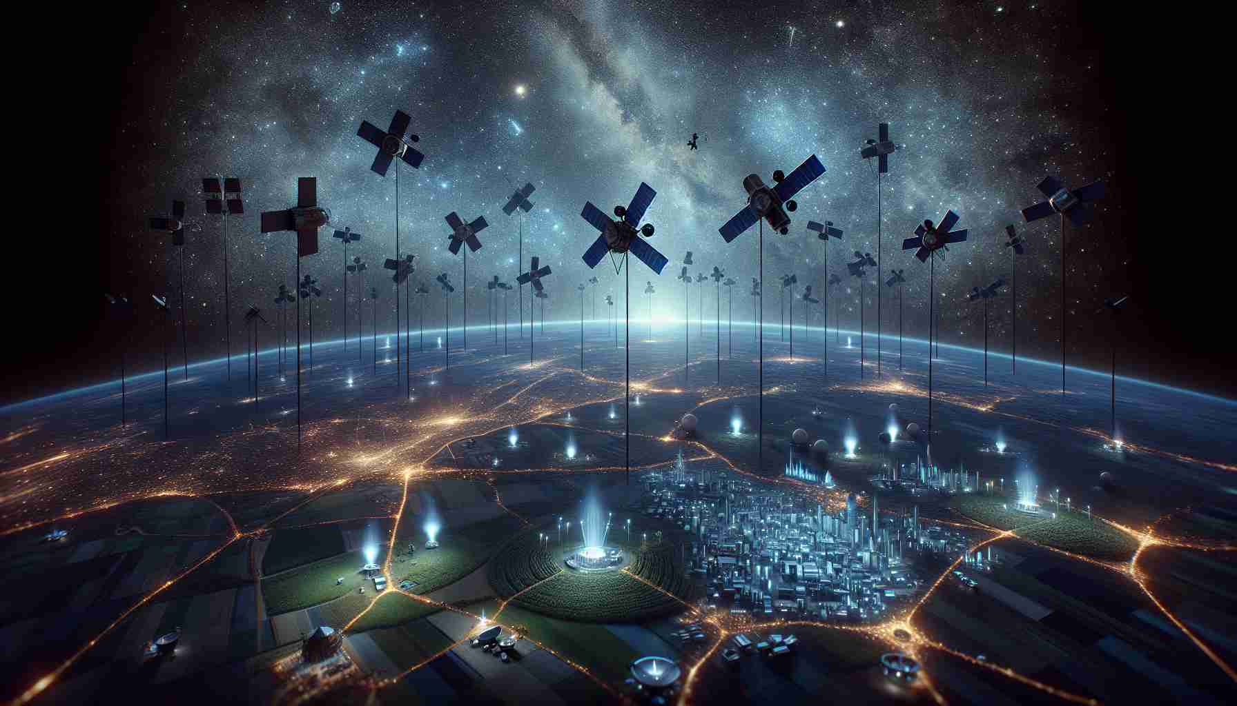 A high-definition realistic tableau showcasing the groundbreaking impact of a new satellite network on the satellite industry. Focus on an array of petite, silhouetted satellites against the backdrop of the cosmic vista. Satellites gracefully glide in the night sky forming a constellation-like pattern. Below, Earth is seen, bathed in the soft azure glow. Display economic growth by illustrating important industries evolving below such as farming fields becoming high-tech smart farms, rural regions transforming into connected urban towns, homes showing advanced satellite-based services, highlighting the transition and progressive impact.