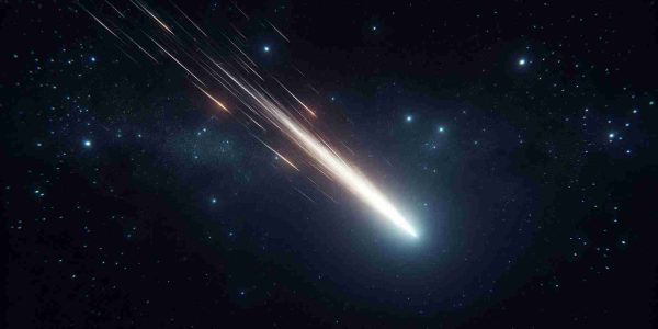 High-definition, realistic image of a mysterious streak illuminating the dark night sky. The streak, potentially a meteor burning through the Earth's atmosphere, is creating an enchanting glow. The night sky around the streak is inky black, filled with sparkling stars, offering a contrast to the bright streak.