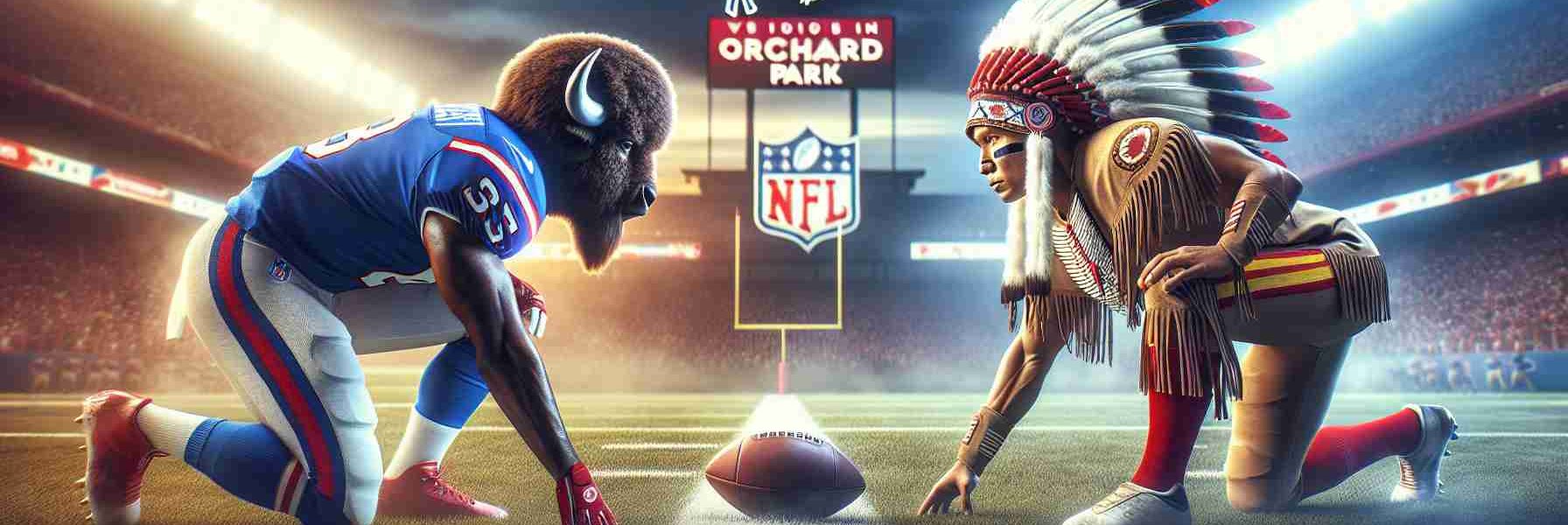 High-definition photo realistically portraying an intense showdown in Orchard Park between two professional American football teams. One team is symbolized with a buffalo, wearing uniforms in blue, red, and white. The other team is symbolized with a native chieftain, wearing uniforms in red, gold, and white. The atmosphere is electrifying as these two teams face off in a decisive game on the gridiron.