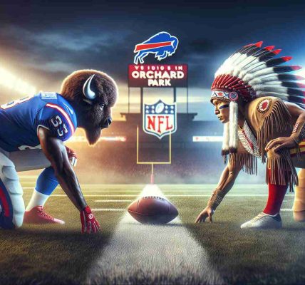 High-definition photo realistically portraying an intense showdown in Orchard Park between two professional American football teams. One team is symbolized with a buffalo, wearing uniforms in blue, red, and white. The other team is symbolized with a native chieftain, wearing uniforms in red, gold, and white. The atmosphere is electrifying as these two teams face off in a decisive game on the gridiron.