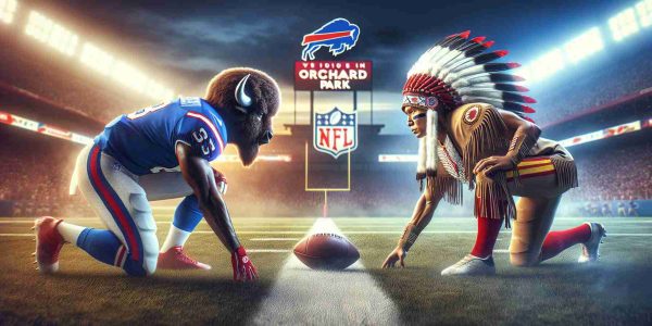 High-definition photo realistically portraying an intense showdown in Orchard Park between two professional American football teams. One team is symbolized with a buffalo, wearing uniforms in blue, red, and white. The other team is symbolized with a native chieftain, wearing uniforms in red, gold, and white. The atmosphere is electrifying as these two teams face off in a decisive game on the gridiron.