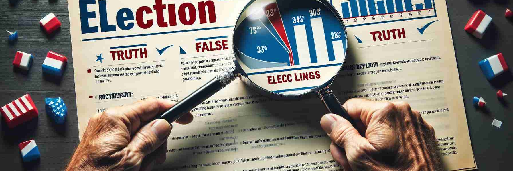 Create a detailed, high-definition image that symbolizes the process of debunking false claims about election manipulation. This could include a magnifying glass held over a document titled 'Election' with contrasting phrases such as 'Truth' and 'False Claims' on it. To symbolize the debunking, display a graph showing the comparison between truths and false claims. No individuals or politicians should be depicted in the image.